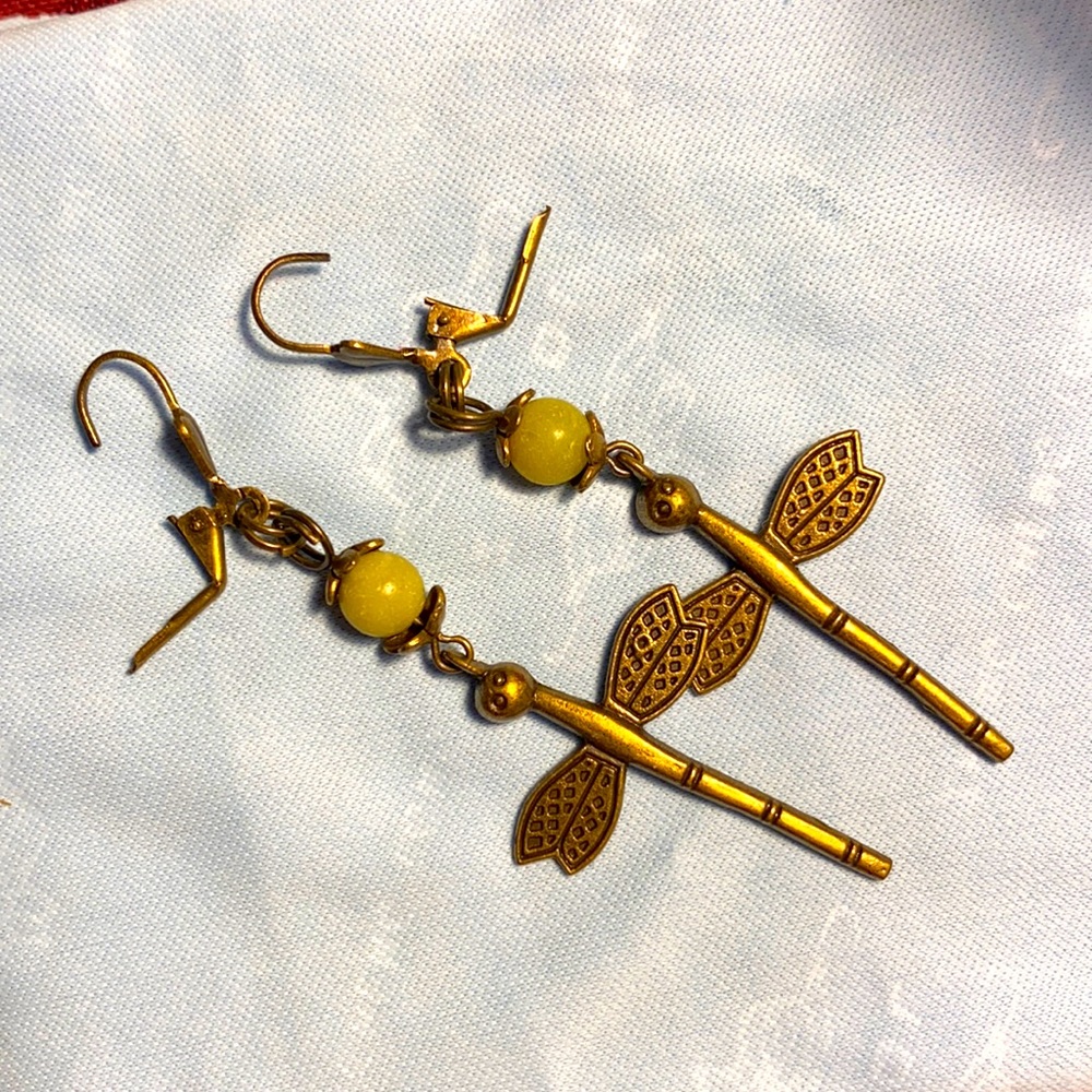 Jade and antique bronze dragonfly earrings